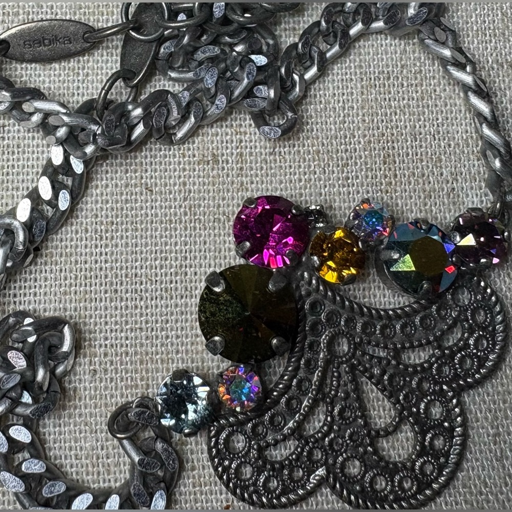 Sabika W14 Signed Multicolored Asymmetrical Antiqued Silver Tone Necklace
